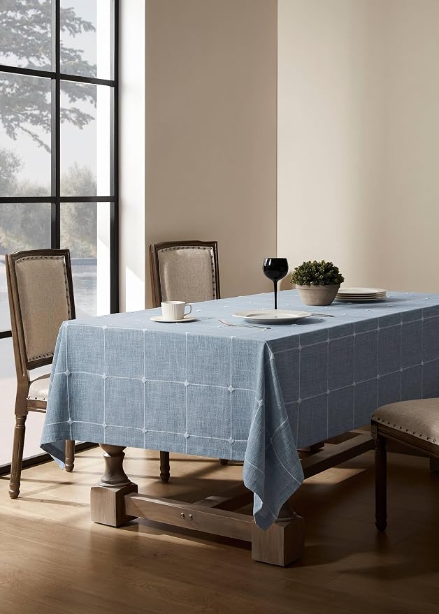 ZeeMart Grid Embroidered Hemmed Tablecloths, Blue 52x70 Inch, Farmhouse Style Heavy Weight Cotton Linen Dusty Blue Tablecloths, Boho Plaid Water Resistant Rectangle Table Cloth