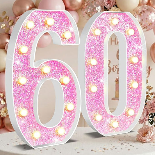 12.6 Inch LED Pink Marquee Light Up Numbers, Sweet 60th Birthday Decorations Number Lights as Gifts for Women, Glitter Lighted Marquee Numbers for Pink Anniversary Party Table Decor, 60