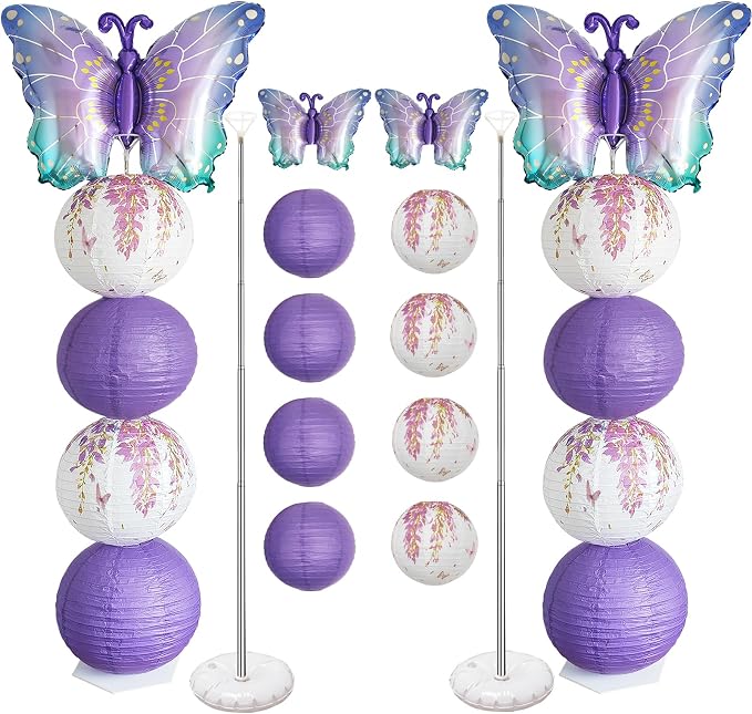 Purple Butterfly Balloon Column Stand Kit And Paper Lantern 2 Sets 5.7 Feet with Reusable Metal Telescopic Design for Butterfly Parties, Birthday Decorations,Wedding