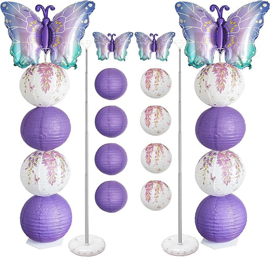 Purple Butterfly Balloon Column Stand Kit And Paper Lantern 2 Sets 5.7 Feet with Reusable Metal Telescopic Design for Butterfly Parties, Birthday Decorations,Wedding
