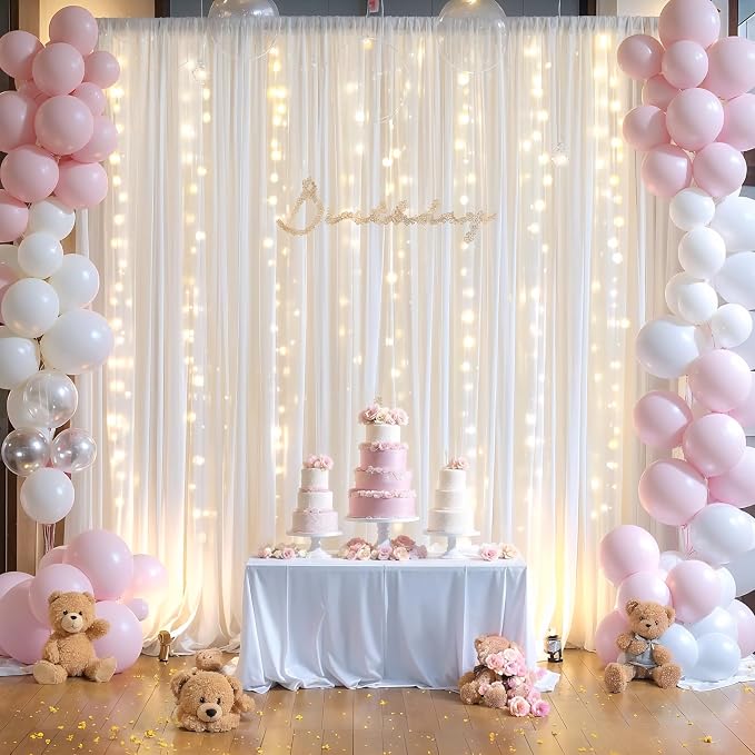 20ft x 10ft White Chiffon Backdrop Curtain with Lights String for Parties,4 Panels Sheer Tulle Curtain Wedding Backdrop for Baby Shower Birthday Party Ceremony Reception Home Decorations