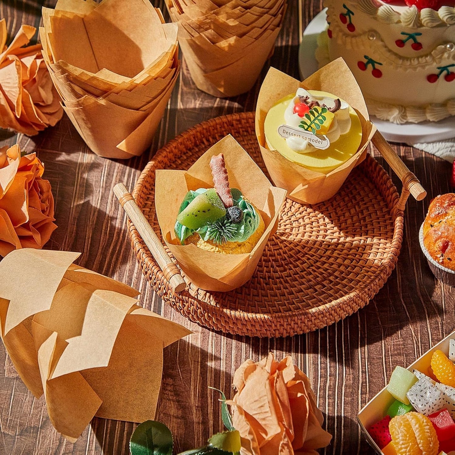 300 Pcs Jumbo Muffin Liners for Baking 2-1/4" x 4" Large Tulip Cupcake Liners Greaseproof Cupcake Wrapper Paper for Weddings Birthday Christmas Anniversaries Party (Light Brown)