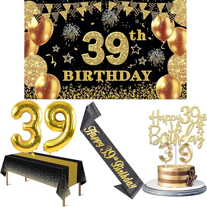 39th Birthday Decorations Men Women with 39th Birthday Banner, Black and Gold Table Cloth, Number Balloons, Large Sash, Cake Topper and Candles