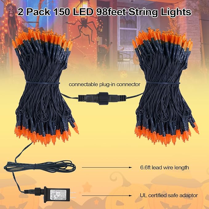 Orange Halloween String Lights, 2 Pack 98ft 150 Count String Lights, Plug-in Waterproof Fall Lights for Spooky Halloween Yard Party Decor (Orange, 150 Count - 2 Pack)
