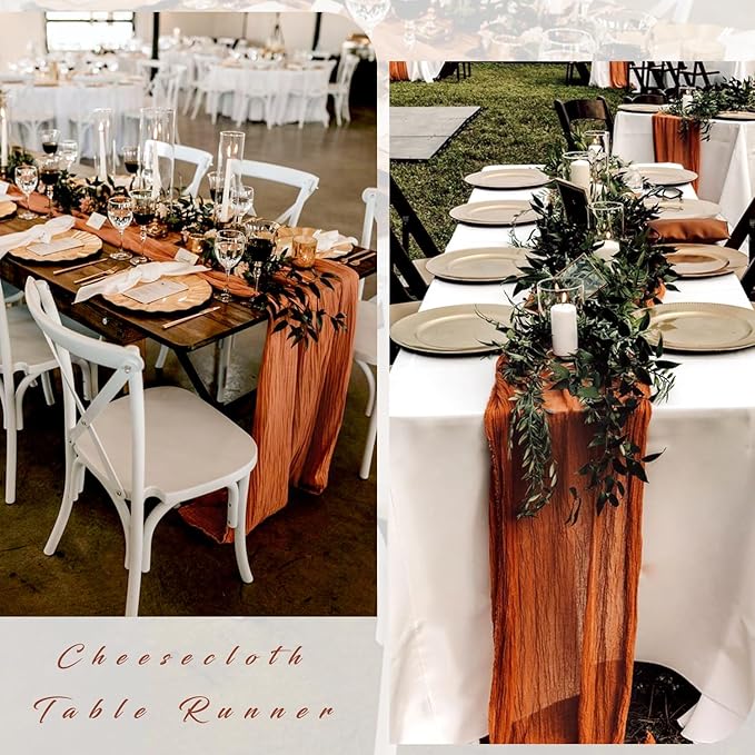 12 Pcs Cheesecloth Table Runner 10FT Terracotta Runner for Tables Gauze Fabric 35 x 120 Inches Long Boho Table Runner Decor Rustic Sheer Runner for Wedding Birthday Bridal Shower Party (Terracotta)