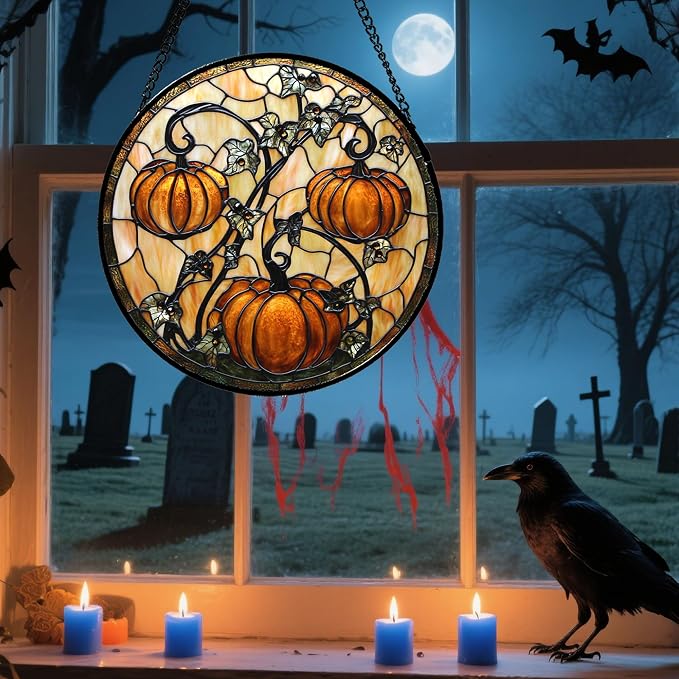 DASTOLL Stained Glass Window Hanging - Halloween Decoration Orange Pumpkin Vine Leaves Suncatcher for Door Garden Spooky Sun Catchers Gothic Decor Horror Gifts for Women Men Friend Boy Girl 15 in