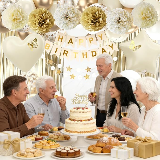 White Gold Birthday Decorations Beige Gold Balloons Happy Birthday Banner Cake Topper Fringe Curtain Paper Pom Poms Butterfly Sticker White Sand Star Heart Foil Neutral Boho Party Men Women