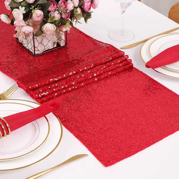 Sequin Table Runners 2 Pieces Red Table Runners 12x72 Inch Glitter Dining Table Cover for Party Wedding Birthday Reception Banquet Decoration Spring Party Chair Sashes