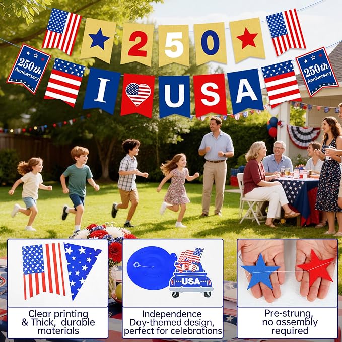 250th Anniversary Decorations 4th of July Decorations Including 250th Anniversary US Banner Star Garland 250 Banner Hanging Swirls