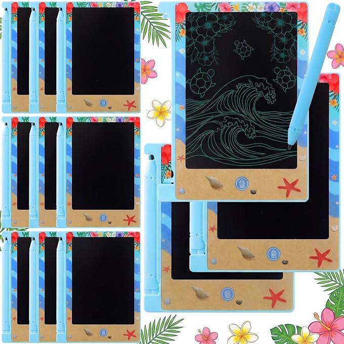 Nezyo 12 Pack Hawaiian Luau Party Favors Mini LCD Writing Tablet 4.6 Inch Doodle Board Drawing Tablet Pads for Beach Pool Birthday Party Goodie Bag Stuffers Classroom Gifts Rewards Pinata Filler