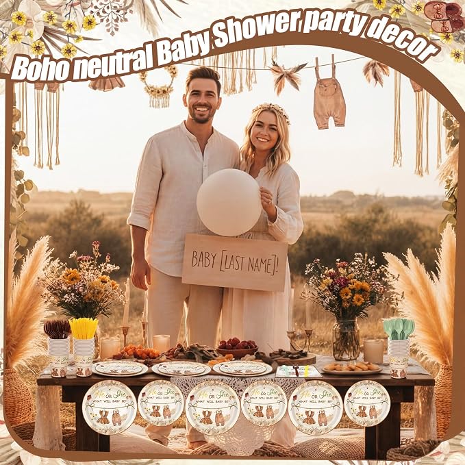 168 Pcs Boho Clothes Gender Reveal Party Favors Neutral Gender Reveal Plates and Napkins Sets He or She Baby Shower Party Supplies Disposable Tableware Set Serve 24