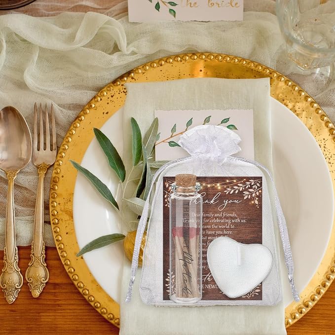 50 Sets Wedding Party Favors for Guests Bulk Including Heart Shaped Candles and Empty Matches Jars with Cork Top Thank You Cards and Organza Bags for Wedding Bridal Shower Party (String Lights)