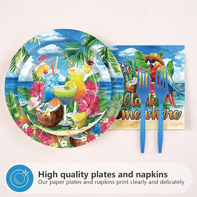 96 Pcs Hawaiian Tropical Luau Party Decorations Summer Parrot Drinks Plates and Napkins It's Five O'Clock Somewhere Tableware Set for Hawaii Summer Beach Holiday Party Supplies, Serves 24