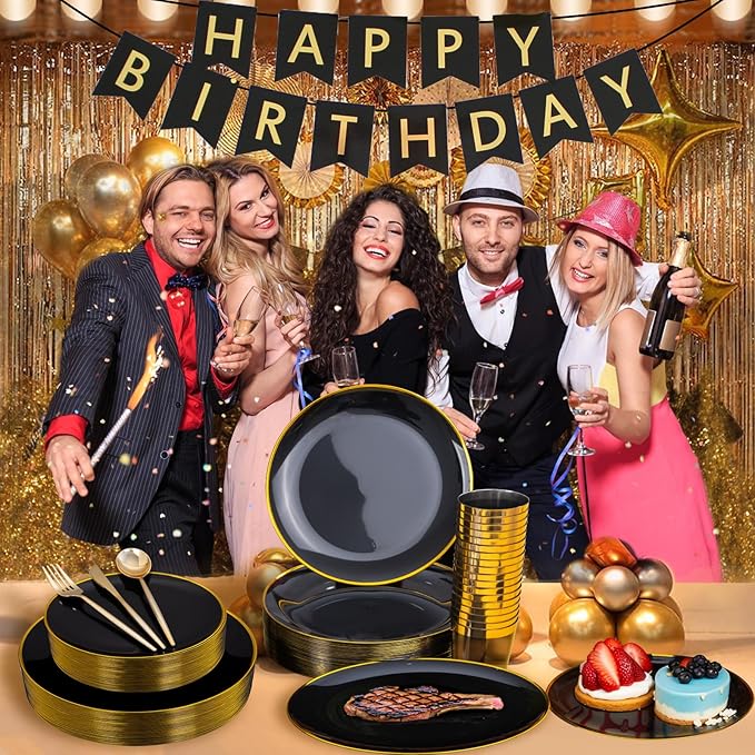 ejonirinjonir EI 180pcs Black Plastic Plates Black and Gold Disposable Plates Gold Plastic Dinnerware Set Silverware and Cups for Birthday,Wedding,Festival,Party,Graduation Decorations,Business Event