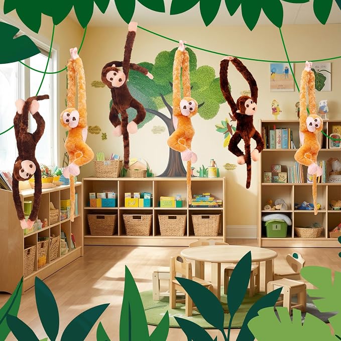 Hungdao 6 Packs Hanging Monkey Stuffed Jungle Animal Toy with Hook and Loop Jungle Party Hanging Plush Monkey for VBS Sunday School Classroom Party Decorations (24 Inch,Multicolor)
