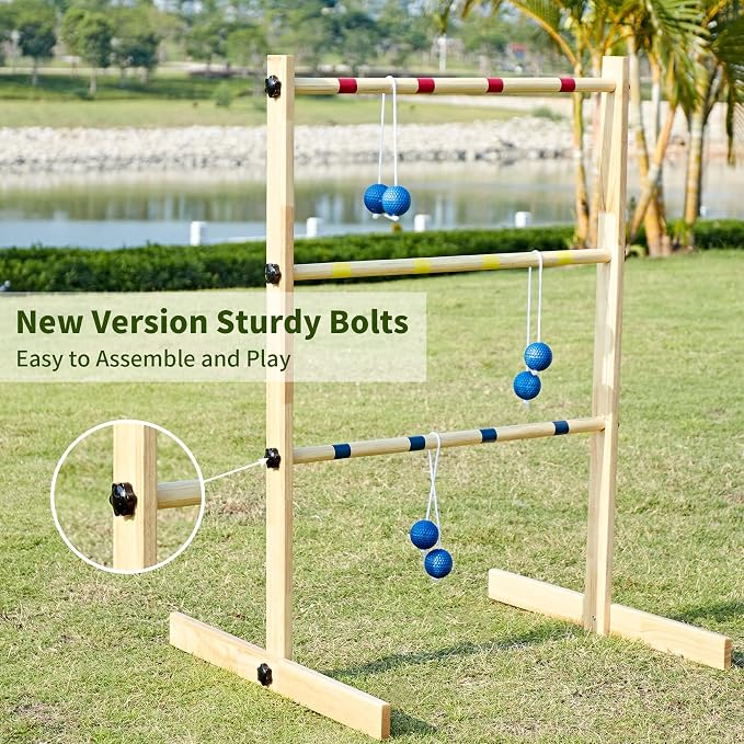 ApudArmis Ladder Toss Game Set, 35x26In Pine Wooden Golf Ladder Lawn Game with 6 Bolos Balls and Carrying Case - Outdoor Backyard Game for Teens Adults Family（New Version Sturdy Bolts）