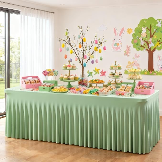 Wish Care 6 Pack Sage Green Spandex Table Clothes for 8 Foot Rectangle Tables, 8FT Wrinkle Free Fitted Tablecloths Ruffles Design Table Cloth for Party, Banquet, Wedding and Events