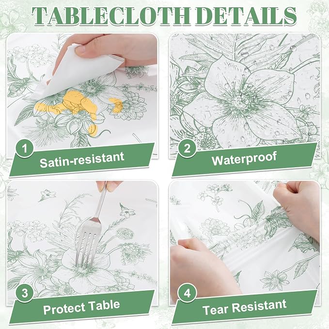 6 Pack Sage Green Floral Plastic Tablecloths, 54 X 108Inch Tea Party Tablecloth Disposable Table Cloths Green and White Porcelain Tables Decor for Garden Wedding Tea Party Birthday Baby Bridal Shower