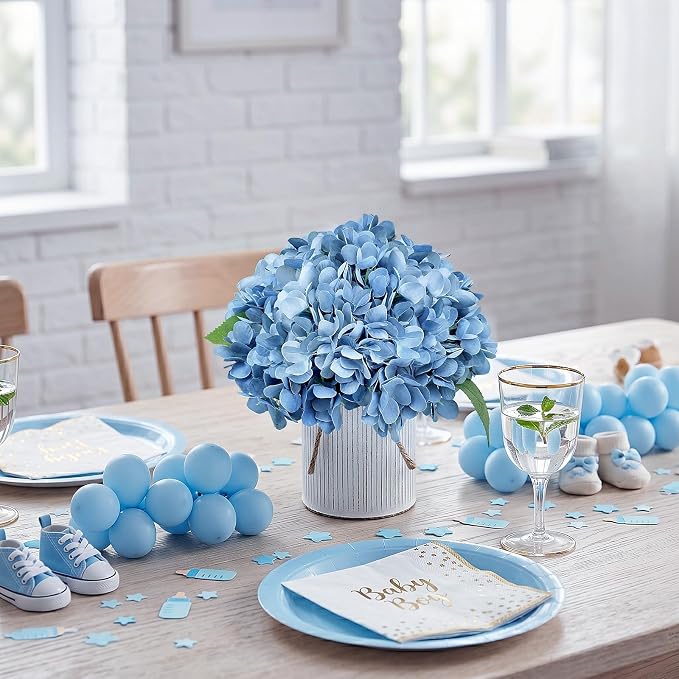 Set of 6 Artificial Flower Table Centerpieces - Dusty Blue Fake Hydrangeas Floral Arrangement with Rustic Metal Vase for Baby Bridal Shower Birthday Party Event Decorations