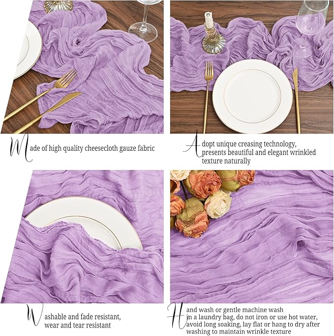 12 Pack Lavender Table Runner 10Ft Cheesecloth Table Runner Rustic Gauze Table Runners Romantic Long Sheer Fabric Cheese Cloth Table Runners for Wedding Party Bridal Baby Shower