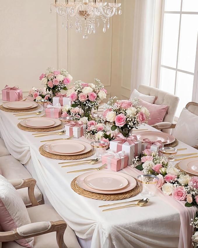 bUCLA 150PCS Pink Plastic Plates - Pink and Gold Disposable Include 25 Each (Dinner & Dessert) Plates, 25 Knives, 25 Forks, 25 Spoons and 25 Cups, Ideal for Party, Wedding & Mother's Day