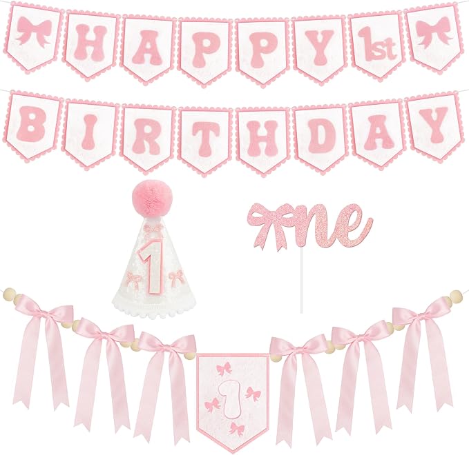 THAWAY 1st Birthday Decorations Girl - Pink First Birthday Decorations for Girl with One High chair banner, Felt Banner, Hat and Glitter Cake Topper for Baby Girl Birthday Photoshoot Props