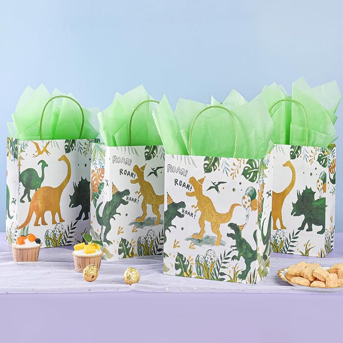DjinnGlory 36 Pack Medium T-Rex Dinosaur Dino Themed Gift Bags with Handles and Green Tissue Paper for Boys Girls Kids Birthday Party Favors Goodies Treats,10x8x4 Inch (2 Assorted Designs)