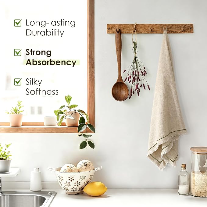 Linen World Dish Towels Set of 4, 20 x 28 Inch Linen Blend Kitchen Towel, Frayed Edge, Embroidered Border, Absorbent Large Tea Towels-Natural