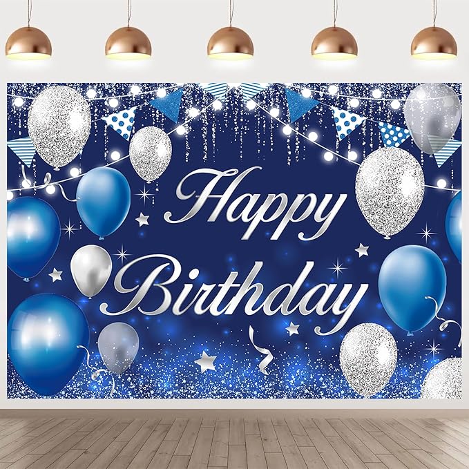 Happy Birthday Backdrop for Men Boys Navy Blue and Silver Birthday Banner Decorations for Women Girls Party Background Supplies Glitter Indoor Outdoor Photo Booth Props Polyester Fabric 10x8ft