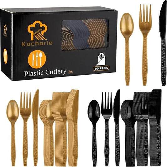 Kochorie 90 Pieces Graduation Party Plastic Cutlery Set Black and Gold Disposable Plastic Utensils Heavy Duty Flatware Set Include 30 Knives 30 Forks 30 Spoons for Graduation Wedding Birthday Party