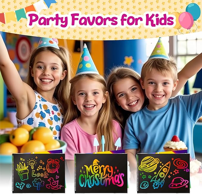 Decojoy Party Favors for Kids 4-8, Scratch Art Birthday Return Gifts, Bulk Rainbow Scratch Paper Notebook 24 Set with Reusable Stencils, Christmas Goodie Bags Stuffers for Girls Boys School Classroom