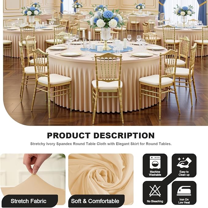 72 Inch Champagne Round Tablecloth,Washable Stretchy Fitted Circular Table Cover with Elastic Edge for 6FT Round Table, Reusable Tablecloth for Wedding Banquet Party Birthday Buffet Dining