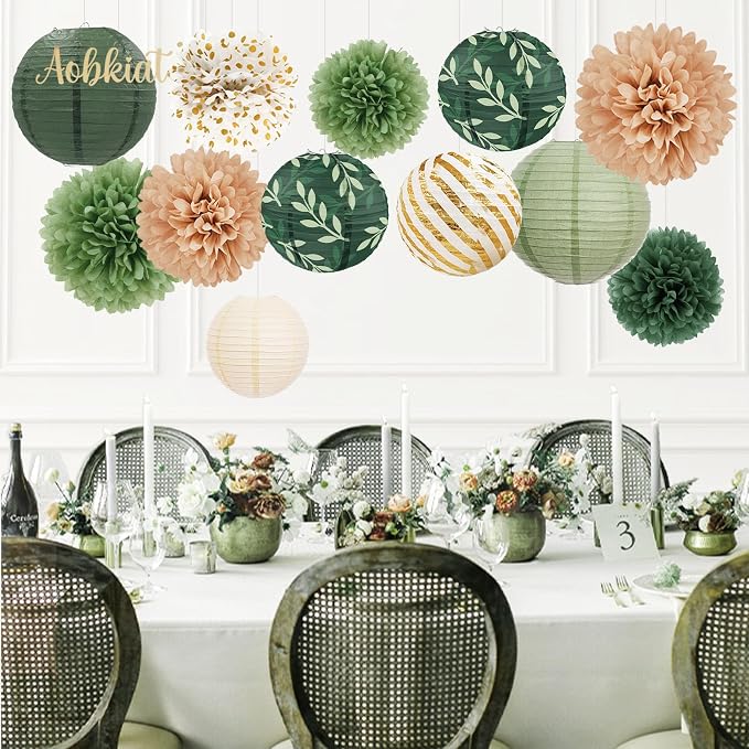 AOBKIAT Wedding Party Decorations Set,12PCS Olive Green Sage Paper Pom Poms Lanterns with Olive Leaf,for Engagement,Baby Shower,Bridal Shower,Boho Party