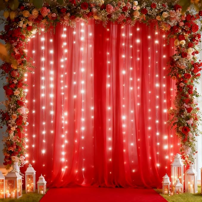 20x10ft Red Tulle Backdrop Curtain with Lights String for Parites, Sheer Photo Backdrop Curtains with Lights for Christmas Wedding Ceremony Reception Bridal Shower Baby Shower Birthday Party