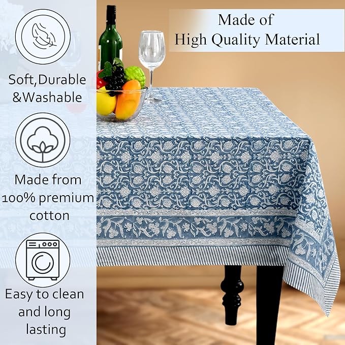 CPC Azure Regal Tablecloth 100% Cotton 70x118 Inch Indian Block Print Rectangle Table Cover, Table Cloth for Gifting in Weddings, Halloween, Fall, Christmas, Thanksgiving