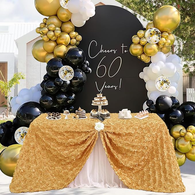 Fanqisi 3D Floral Satin Rectangular Tablecloth 90x132 Inches Gold Rosette Tablecloths for Wedding Party Baby Shower Dinner Table Top Decorations