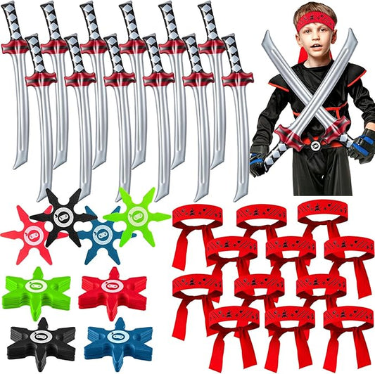 Deekin 96 Pcs Ninja Karate Party Favors Include Inflatable Sword Throwing Foam Star Toys Karate Headband for Ninja Theme Party Decoration Supplies Goodie Bag Filler Gift Costume Accessories