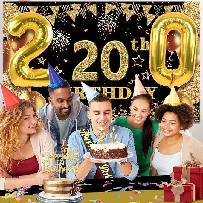 20th Birthday Decorations for Him Her with Banner, Black and Gold Table Cloth, Number Balloons, Large 20th Birthday Sash, Cake Topper and Candles