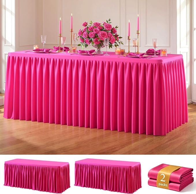 Red Polyester Table Cloths for Rectangle 8 Foot Tables, 2 Pack Wrinkle Free Tablecloths Stretchy Banquet Ruffle Fitted Table Cover Desk Skirt for Parties Wedding Birthday Baby Shower