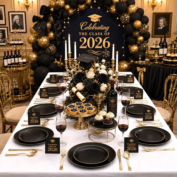 YOUBET 125PCS Black and Gold Plastic Plates - Black Disposable Plates With Gold Rim - Includes 25 Dinner Plates, 25 Dessert Plates, 75 Gold Silverware for Wedding Birthday Party