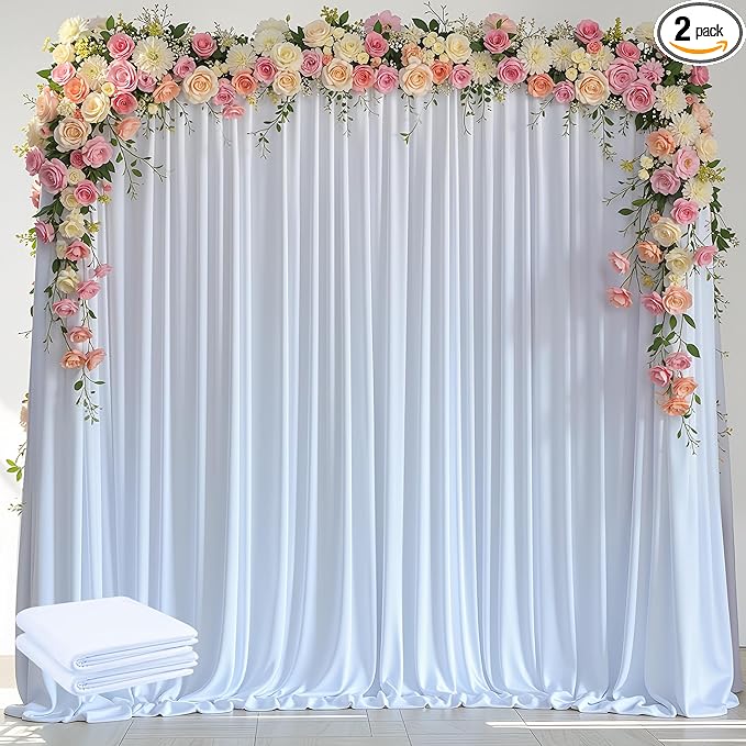 Wokceer White Backdrop Curtain for Wedding Parties 2 Pack 10x8FT Wedding Curtains Photo Backdrop Drapes Polyester for Photoshoot Baby Shower Birthday Party Curtains Background 4 Panels 5x8FT