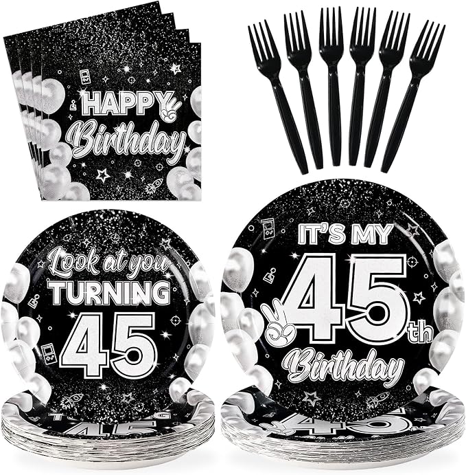 96Pcs 45th Birthday Decorations for Men 45th Paper Plates and Napkins Set It's My 45th Birthday Theme Decorations for Look at You Turning 45 Years Old Father Day Party Supplies Serves 24