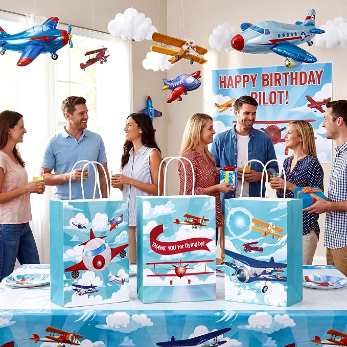 Outus 48 Pcs Airplane Party Favor Bags Paper Airplane Goodie Bags Plain Gift Pouch‌ Blue Aircraft Candy Treat Pouch‌ with Handles for Birthday Party Decorations Supplies