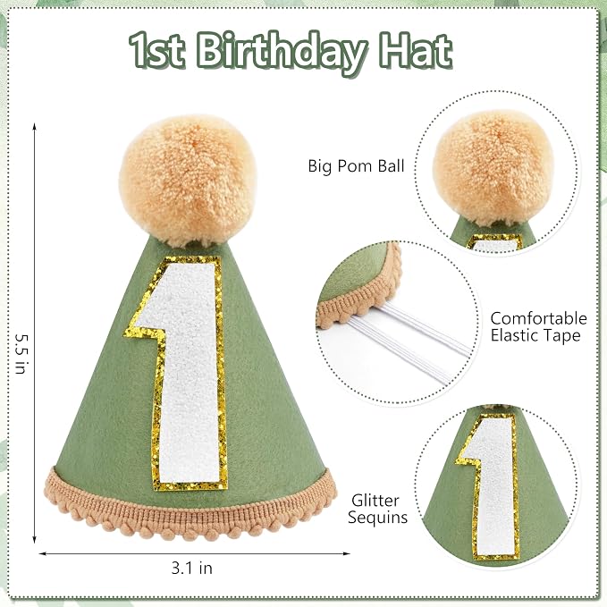 THAWAY 1st Birthday Decorations Boy, White Green First Birthday Becorations for Boy with Banner, Tassel Wood Bead High Chair Banner, Hat and Wood Cake Topper for One Year Old Party Decor