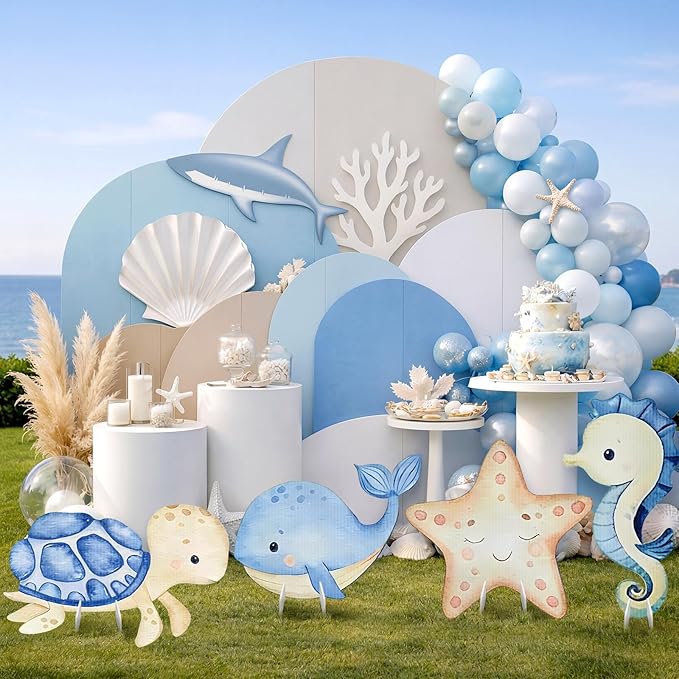 4 Pack Under The Sea Baby Shower Decorations 23 Inch Sea Animal Themed Party Cardboard Cutout Blue Turtle Seahorse Starfish Shell Stand-ups Ocean Theme Photo Booth Props(4 Pcs, Marine)