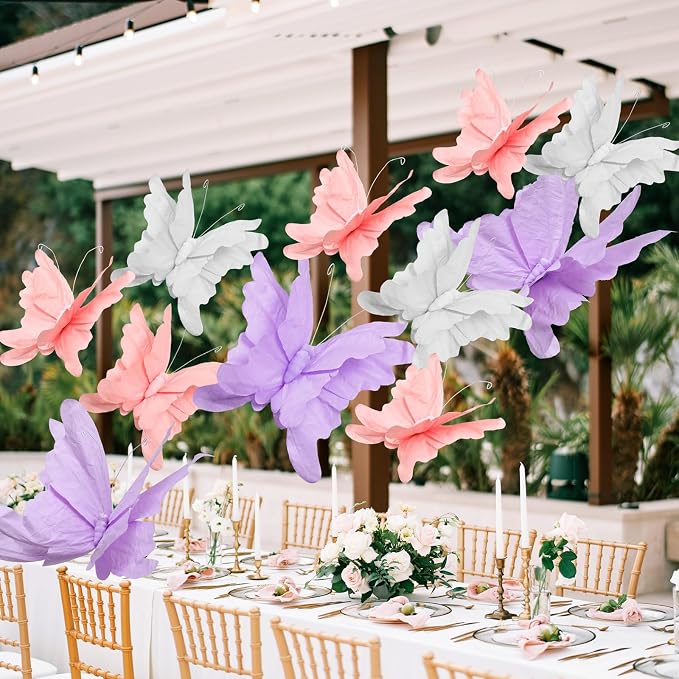 3 Pcs 3D Large Hanging Butterfly Decorations Large Butterfly Birthday Party Decorations 3D Crepe Paper Decoration for Wedding Party Birthday Baby Shower Garden(Purple, Pink, White,7inch,11inch)