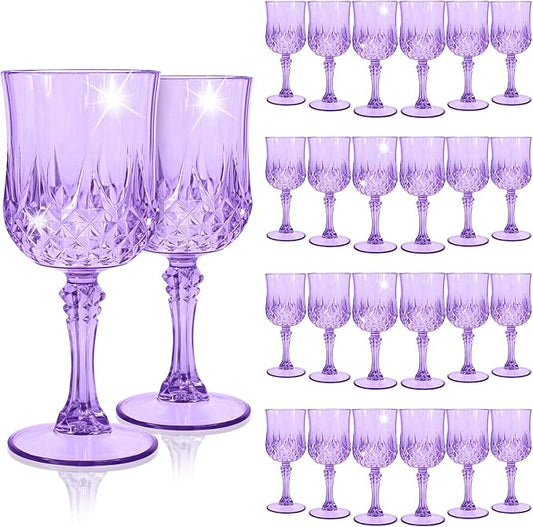 24Pack Light Purple Plastic Wine Glasses,Vintage Plastic Goblets for Parties, Light Purple Drinking Glasses Crystal Water Goblets Reusable for Wedding Reception, Grand Event Party Supplies
