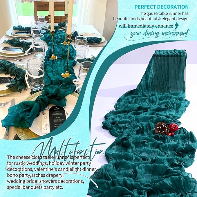 1 Pack Cheesecloth Table Runner 10FT Teal Table Runner Boho Gauze Cheese Cloth Table Runners Long Rustic Sheer Table Decorations for Wedding Party Baby Bridal Shower Birthday Holiday Home