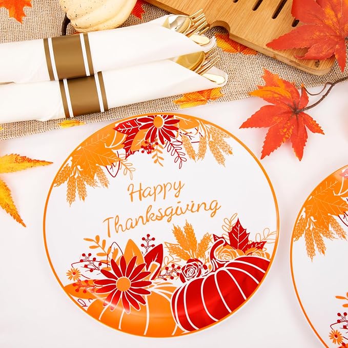 DaYammi 210Pcs Thanksgiving Plastic Plates,Orange and Red Disposable Dinnerware Set Includes 60 Dinner plates,30 Gold Plastic Silverware,30 Per Rolled Napkins,30 plastic Cups for Thanksgiving Party