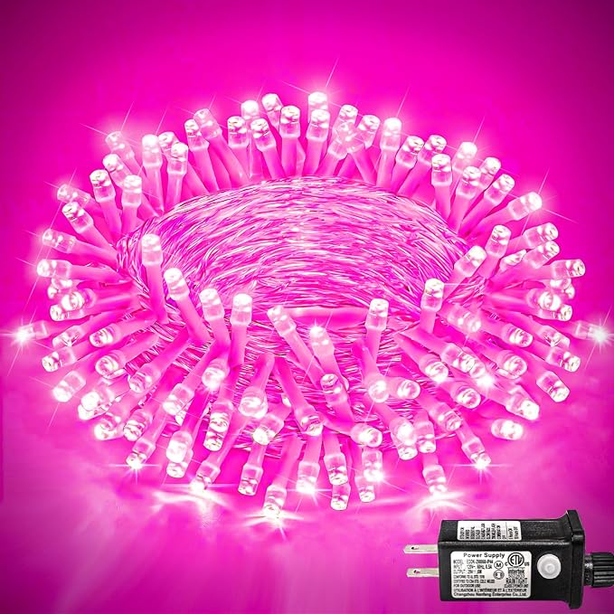 40 FT 120 LED Pink Christmas Lights Outdoor, Pink String Lights for Outside with 8 Modes Clear Wire Waterproof, Plug in Fairy Lights for Bedroom Valentines Day Wedding Holiday Party Tree Decorations